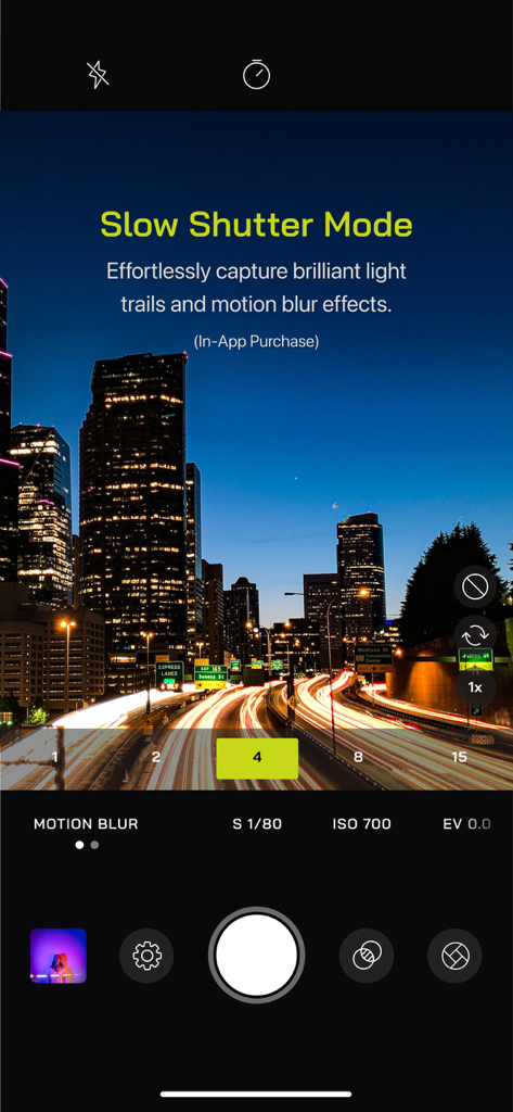 Pro Camera by Moment - Pro Camera by Moment app interface showing the slow shutter mode capturing light trails in a night city landscape