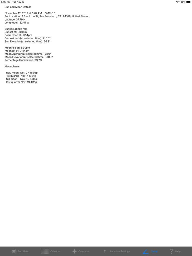 Sun n Moon for iPad - Detailed astronomical data screen showing sunrise, sunset, and moon phases on an iPad