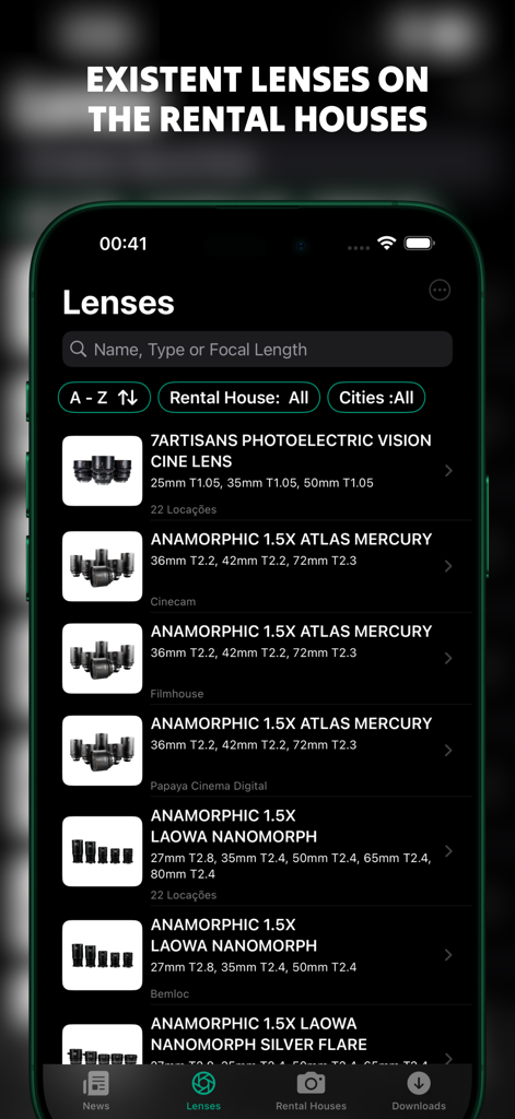 A mobile interface listing professional cinema lenses like Anamorphic Atlas Mercury and Laowa Nanomorph available at different rental houses.