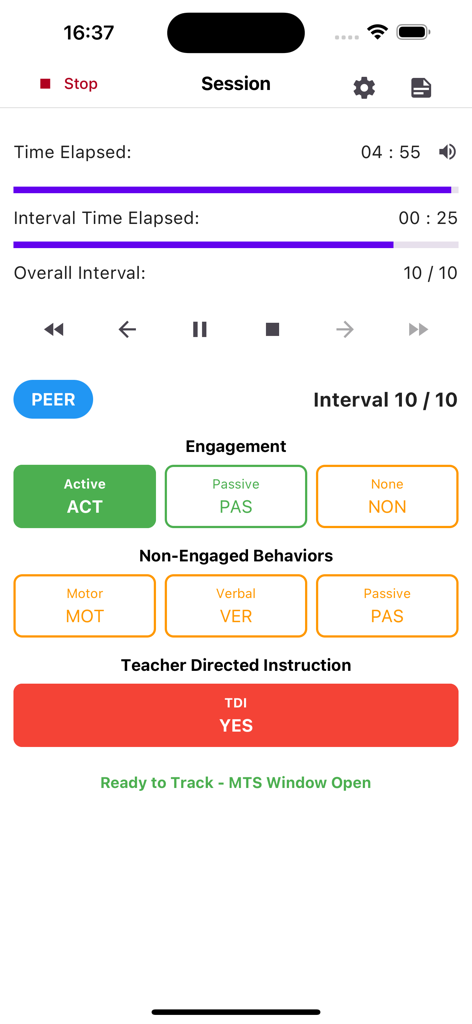 Behavior Observation: BOSS - A classroom behavior observation session screen in the BOSS app showing student engagement levels and interval tracking timers