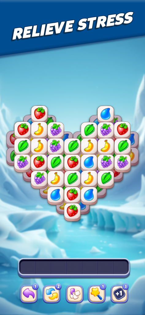 A heart shaped tile matching puzzle in the Tile Busters mobile app with a Relieve Stress banner at the top