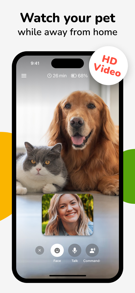 Barkio: Dog Monitor & Pet Cam - Barkio app interface showing a live HD video feed of a dog and cat with two way talk feature