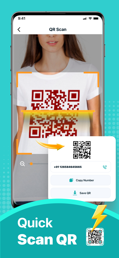 QR Code Scanner:Barcode Reader - iPhone app interface scanning a QR code on a t-shirt to display a contact phone number