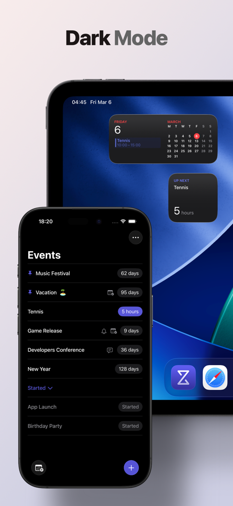 Waitee - Waitee app showing event countdowns on iPhone and widgets on iPad in dark mode