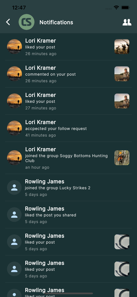 CamoSpace - A screenshot of the CamoSpace app notifications screen showing user interactions like comments, likes, and group joins for hunting enthusiasts.