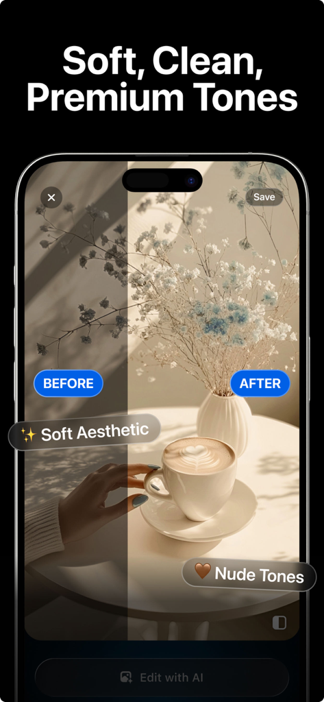 A before and after comparison showing a photo of coffee and flowers enhanced with soft clean and premium tones in the Photo CamAI app interface