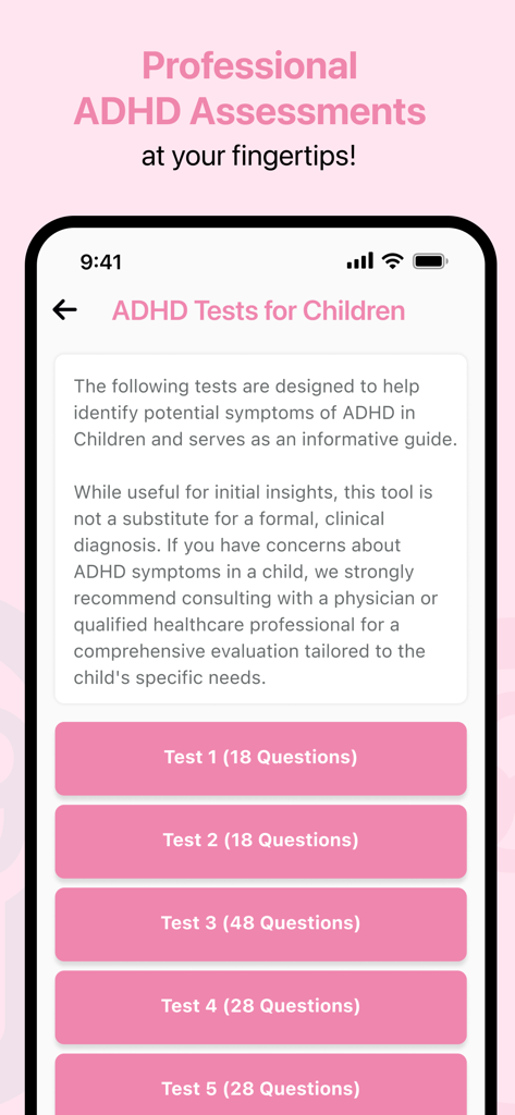 Écran de sélection des tests TDAH pour enfants sur l'application mobile avec différents nombres de questions