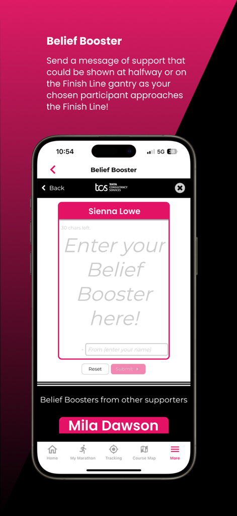 Smartphone-Bildschirm, der die Belief Booster-Funktion zeigt, um unterstützende Nachrichten an Marathon-Teilnehmer zu senden