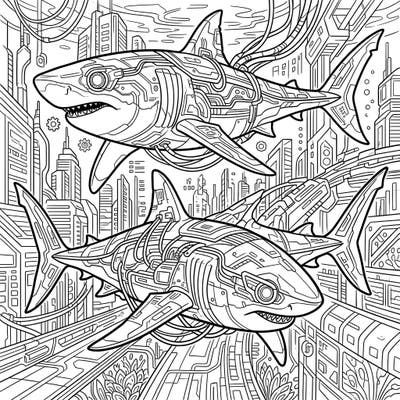 Unleash your creativity with this epic cyberpunk shark coloring page, designed specifically for adults. Immerse yourself in a thrilling futuristic underwater world filled with intricate details and high-tech marine predators.