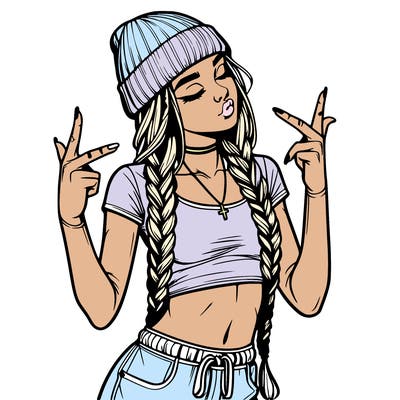 realistic teenage girl with braids and a beanie and crop top doing 🫶🏼