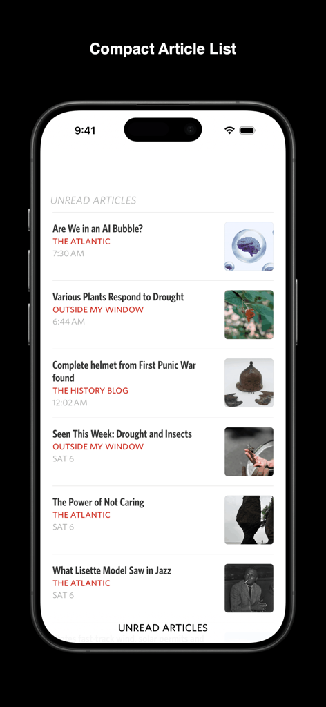 Unread RSS reader app compact article list display on iPhone