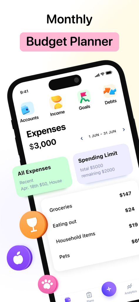 Pantalla de iPhone mostrando la aplicación BASE del Planificador de Presupuesto Mensual con seguimiento de gastos y límites de gasto