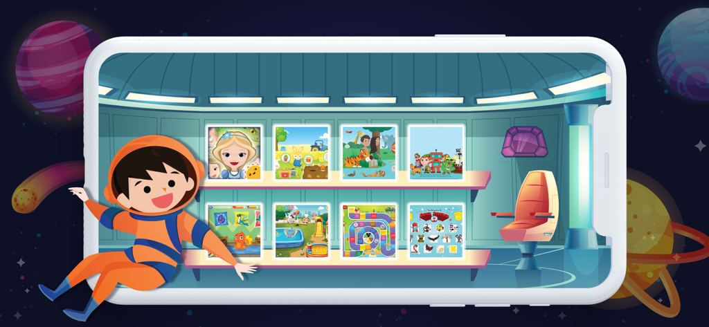 KidSpace - A space-themed game selection screen in the KidSpace app featuring a child astronaut and shelves of educational games.