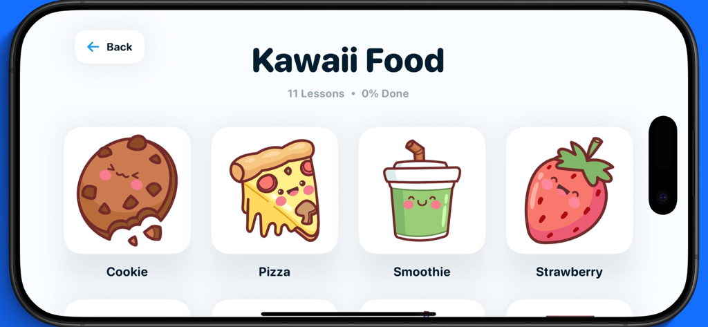 Drawly: Learn to Draw Together - Drawly App-Bildschirm, der Kawaii-Lebensmittelzeichenlektionen für eine Keks-, Pizza-, Smoothie- und Erdbeere zeigt
