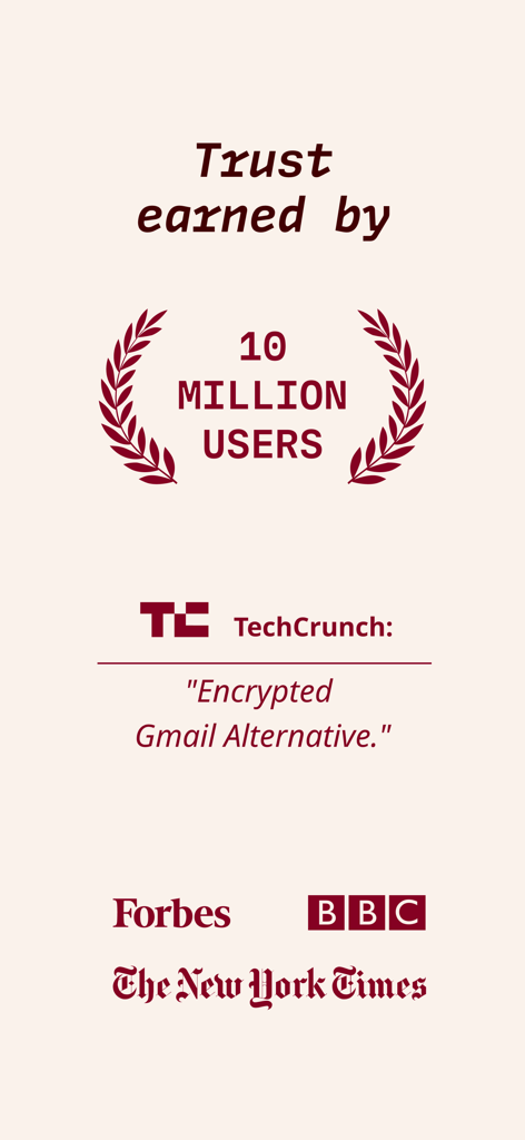 Tuta Mail trust screen showing 10 million users and endorsements from TechCrunch Forbes BBC and The New York Times