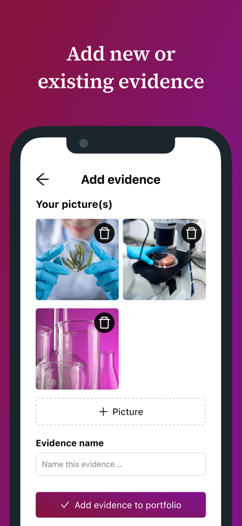 Portflow - Portflow app interface showing the add evidence screen where users can upload photos and name their portfolio entries