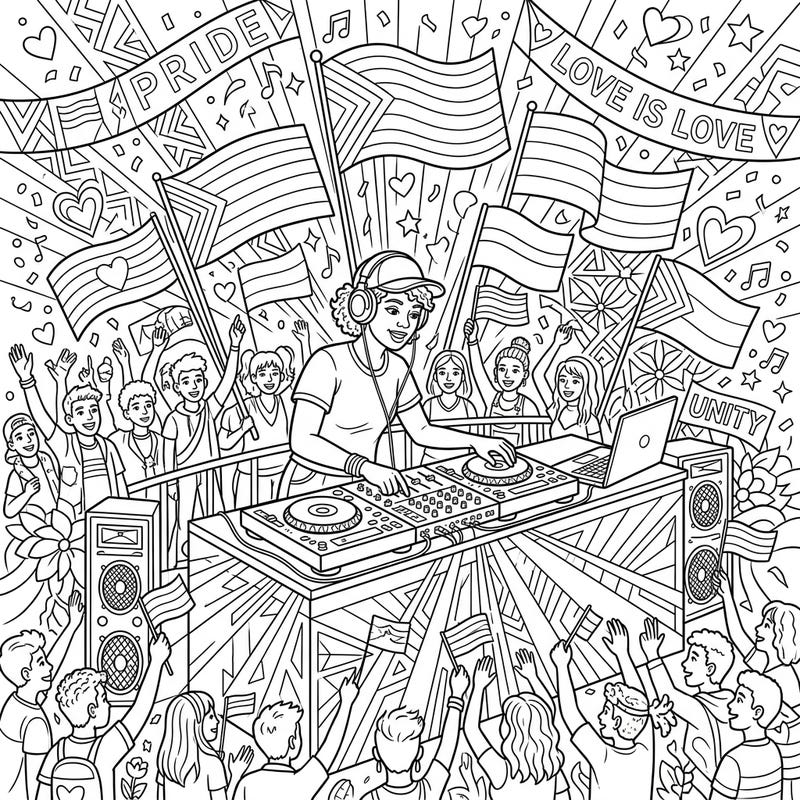 Immerse yourself in the joyful atmosphere of a Pride celebration with this dynamic DJ coloring page. Join the diverse crowd as they dance to the beat, surrounded by symbols of love, unity, and acceptance.