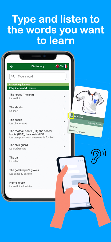 KickOff United - KickOff Unitedアプリの辞書インターフェース。英語とフランス語間のサッカー用語の翻訳と音声発音機能が表示されています。