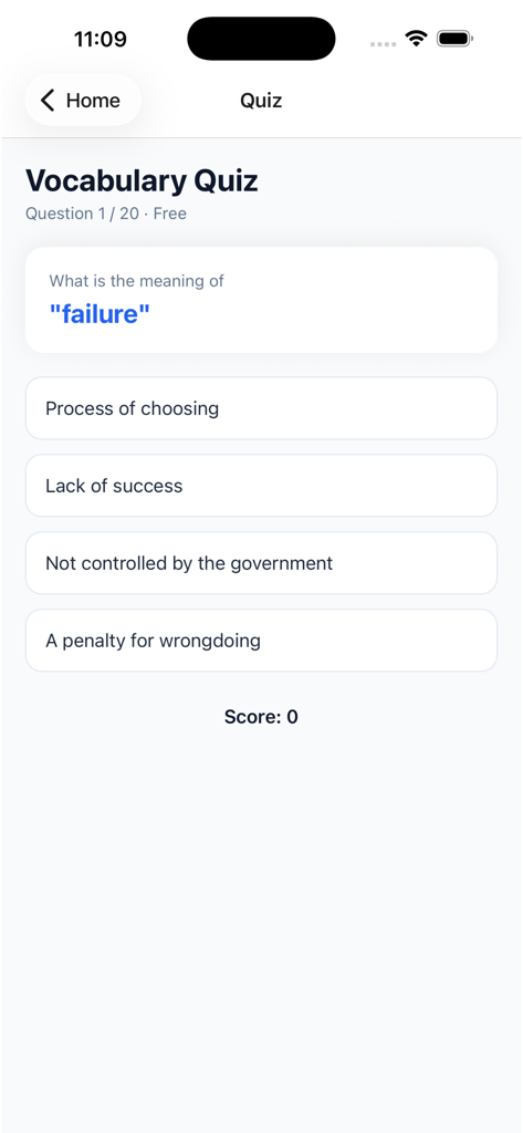 Vocabulary quiz interface in the IELTS Vocabulary Offline app asking for the definition of the word failure.
