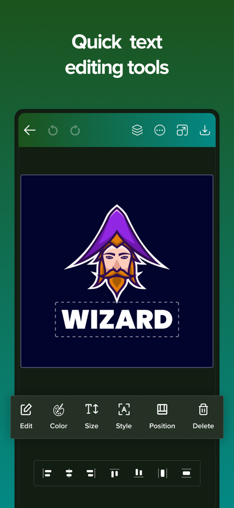 Logo Esport Maker - Mascot - Mobile app interface showing text editing tools for a wizard gaming mascot logo