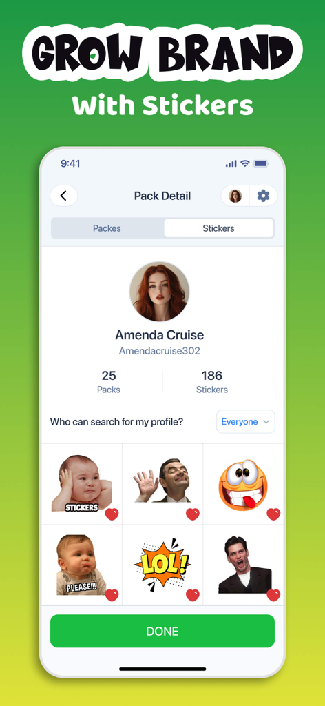 Sticker Maker・Stickers & Emoji - Una interfaz de aplicación móvil que muestra un perfil de usuario con varios paquetes de stickers de memes personalizados y estadísticas