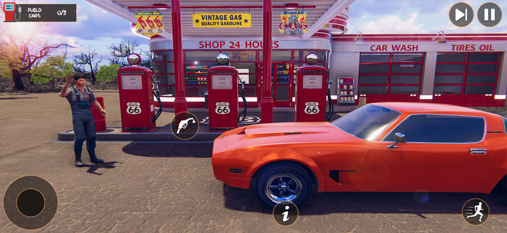A red sports car at a vintage Route 66 gas station in a 3D simulation game.