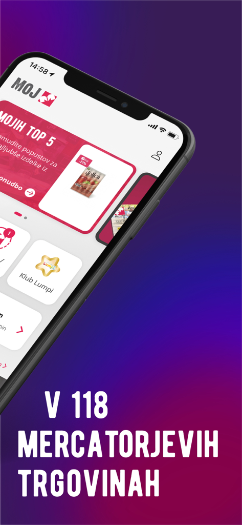 MOJ M - Smartphone-Display der MOJ M Mercator App mit personalisierten Einzelhandelsangeboten und Treueclub-Informationen