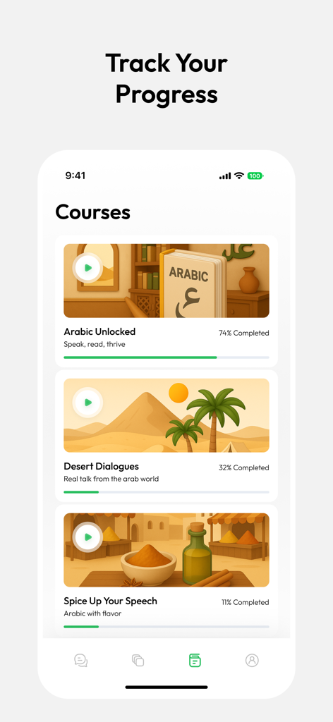Kalam: Learn Arabic - Mobile app screen showing Arabic course modules and progress bars