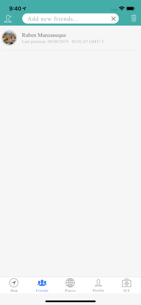Find Friends - Localizame - Lista de amigos en la aplicación Localizame mostrando un contacto y su última posición GPS registrada