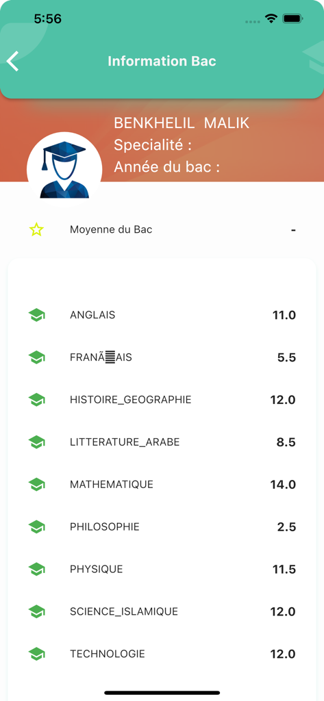Aplicativo WebEtu PROGRES exibindo notas do exame de bacharelado do aluno