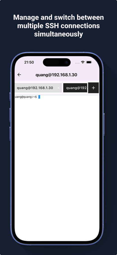 Interfaccia dell'app mobile SSH terminal per la gestione simultanea di più connessioni VPS