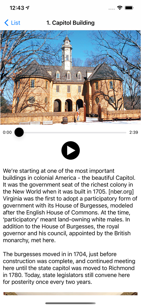 Colonial Williamsburg History - Historical audio tour screen for the Capitol Building in Colonial Williamsburg