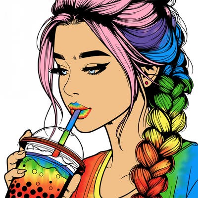 realistic girl drinking boba tea with braided hair