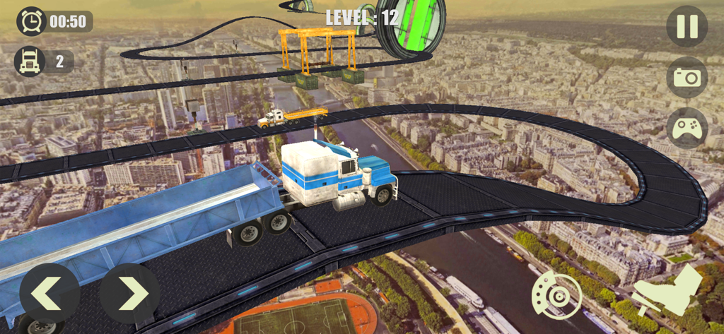 Heavy Truck Impossible Tracks - A blue heavy truck driving on a narrow elevated track high above a city
