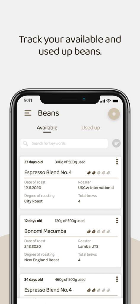 Beanconqueror app interface showing a list of coffee beans with roast details and inventory tracking