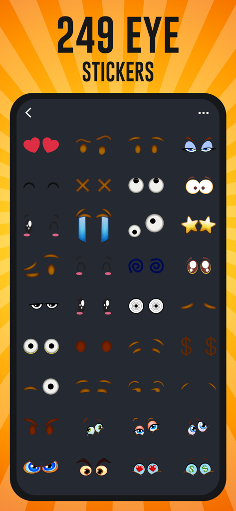 Emoji Maker, Avatar Creator - A grid of 249 different eye sticker styles for custom avatar design