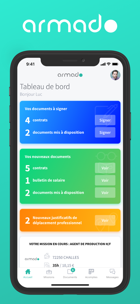Armado - Armado mobile app dashboard showing contract management and current mission details for temporary workers