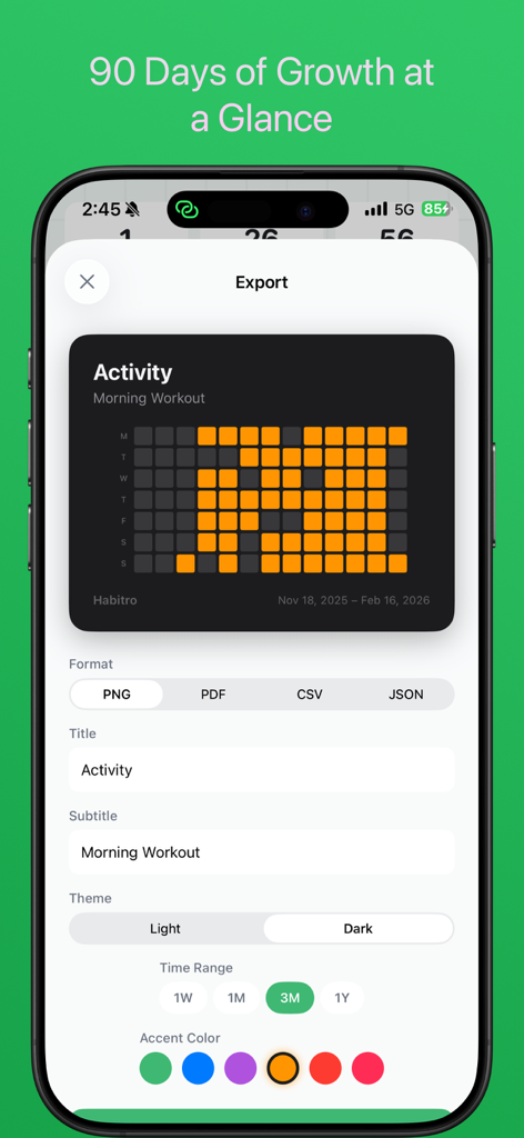 Habitro - Habit Tracker - Pantalla de exportación de la aplicación Habitro que muestra un mapa de calor personalizable de crecimiento de hábitos de noventa días para una rutina de entrenamiento matutino