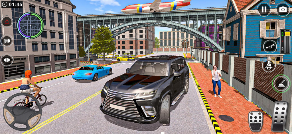 Captura de pantalla del juego de un SUV de lujo negro conduciendo por una calle de la ciudad en Car Driving Master.