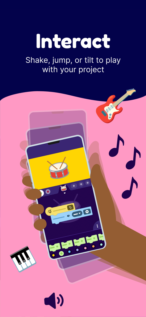 A hand shaking a phone to play an interactive drum project created with OctoStudio coding blocks.