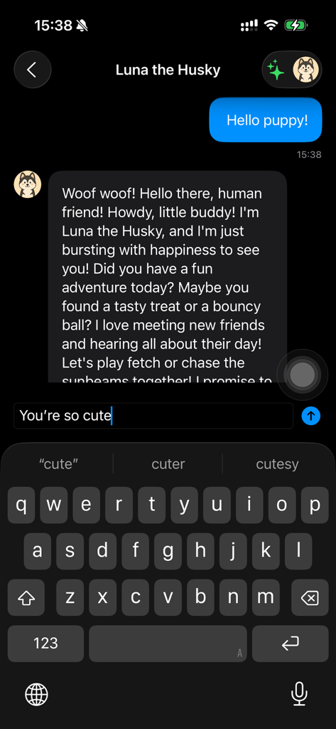 A chat screen showing a conversation with an AI dog persona named Luna the Husky in the Fully Private AI Companion app