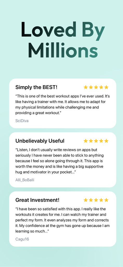 Zing AI: Home & Gym Workouts - Positive user testimonials and five star ratings for Zing AI Home and Gym Workouts app.