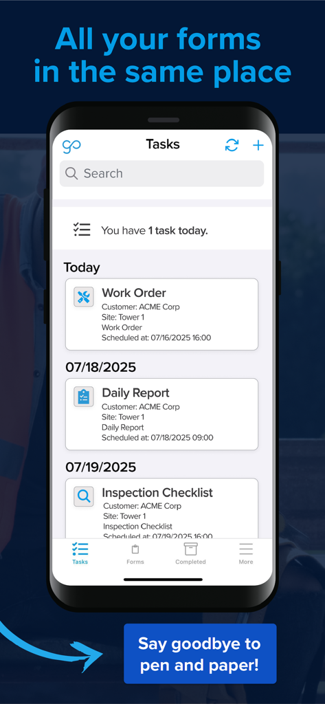 GoCanvas mobile app interface showing a list of digital tasks including work orders and daily reports