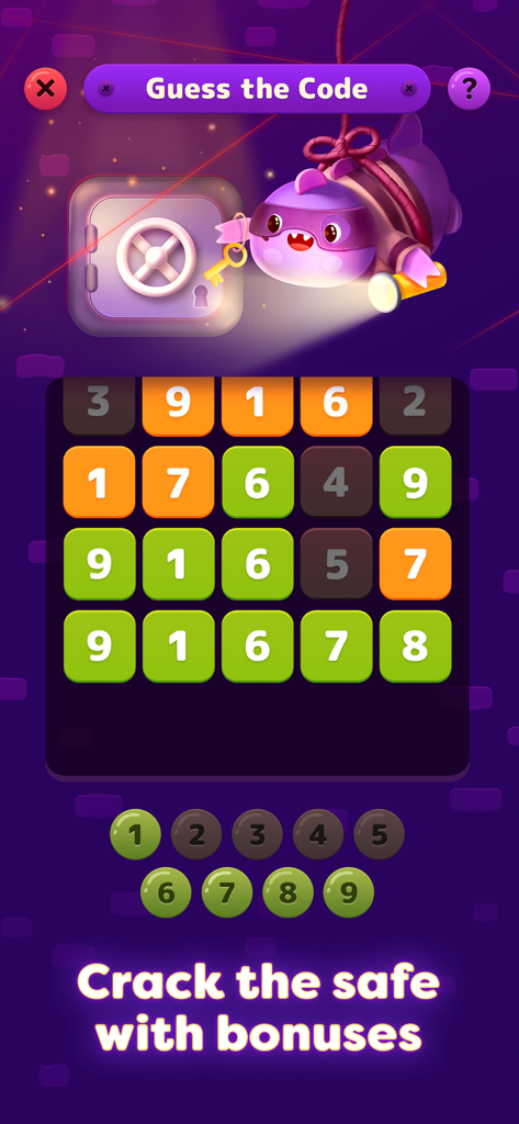 Pantalla de la aplicación Numberzilla que muestra el desafío diario Adivina el Código con una caja fuerte y una cuadrícula de números.