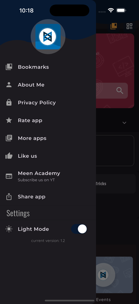 Learn Backbone.js Framework - Side navigation menu of the Learn Backbone.js Framework app featuring bookmarks and settings