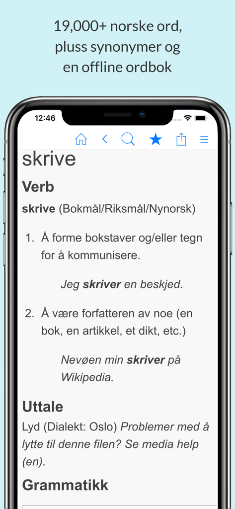 Norsk Ordbok og Synonymer - A mobile screenshot of the Norsk Ordbok og Synonymer app displaying the definition for the Norwegian verb skrive on an iPhone.
