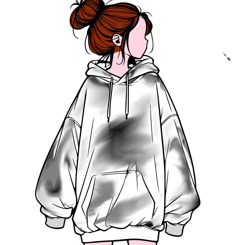 realistic girl with a oversized sweatshirt on and a bun