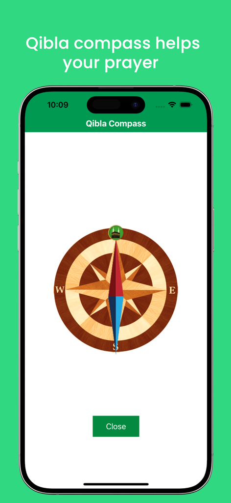 Quran App - English - Uma bússola Qibla decorativa dentro do App Alcorão mostrando a direção para a oração.