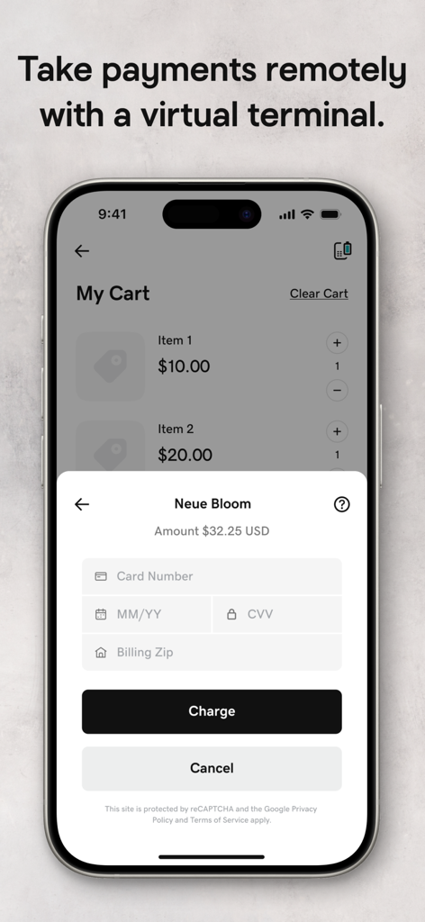 App GoDaddy Commerce che mostra un'interfaccia di terminale virtuale su un iPhone per l'elaborazione remota delle carte di credito.