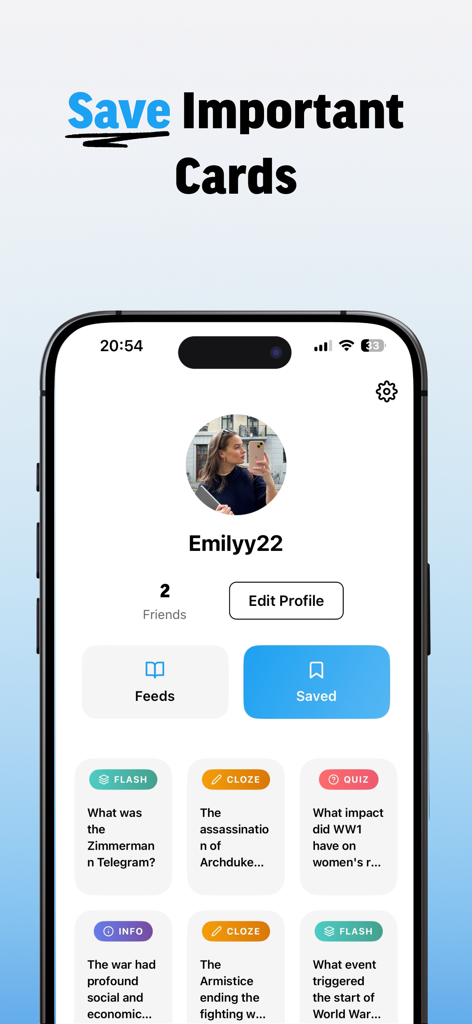 User profile screen in ScrollToStudy app showing saved history flashcards and quiz cards.
